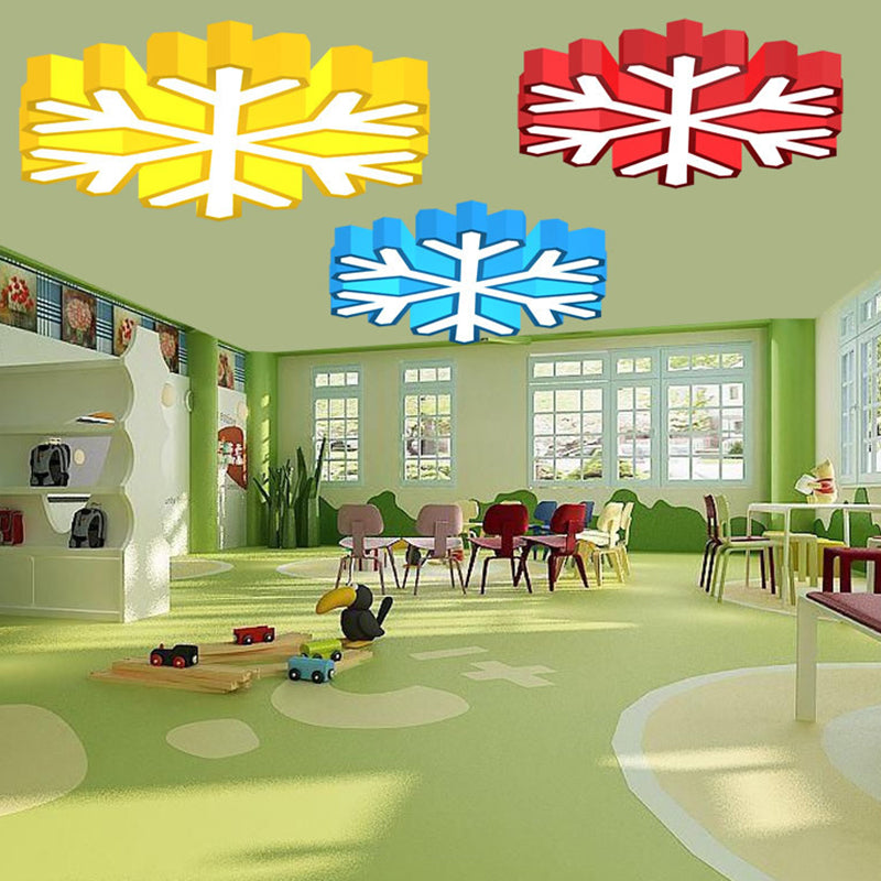 Nursery School LED Flush Light Macaron Red/Yellow/Green Ceiling Mount Fixture with Snowflake Acrylic Shade