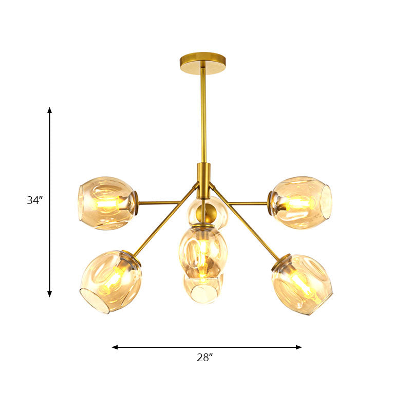 7/9/13 Lumières Branche Chandelier Post Modern Amber Glass Shade suspendu lampe en or