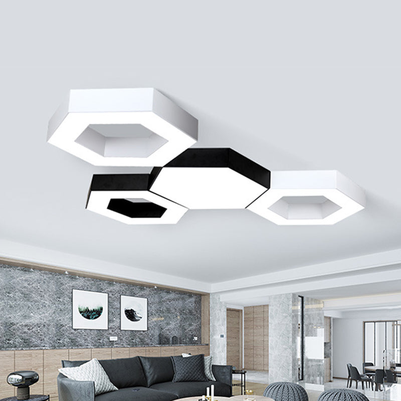 Hexagon LED Flush Ceiling Light Contemporary Acrylic Living Room Flushmount in Black/White, 16"/19.5"/31.5" W
