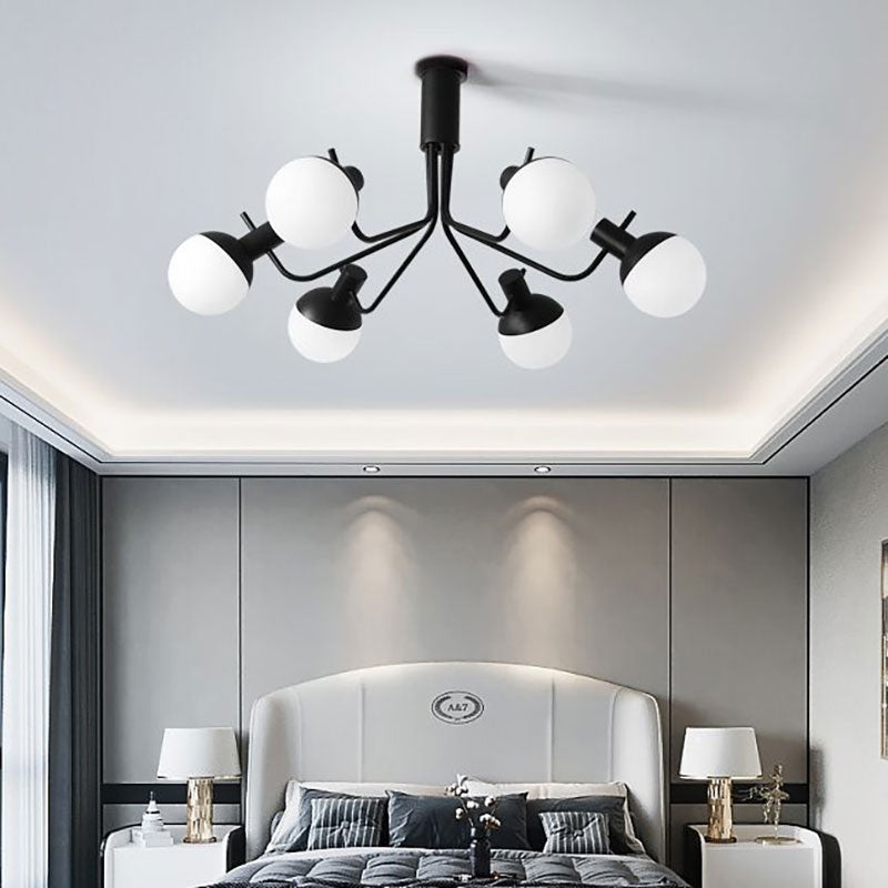 Chandelier suspendu au noir contemporain avec ombre orbe 6 lumières Pendre de plafond en fer forgé
