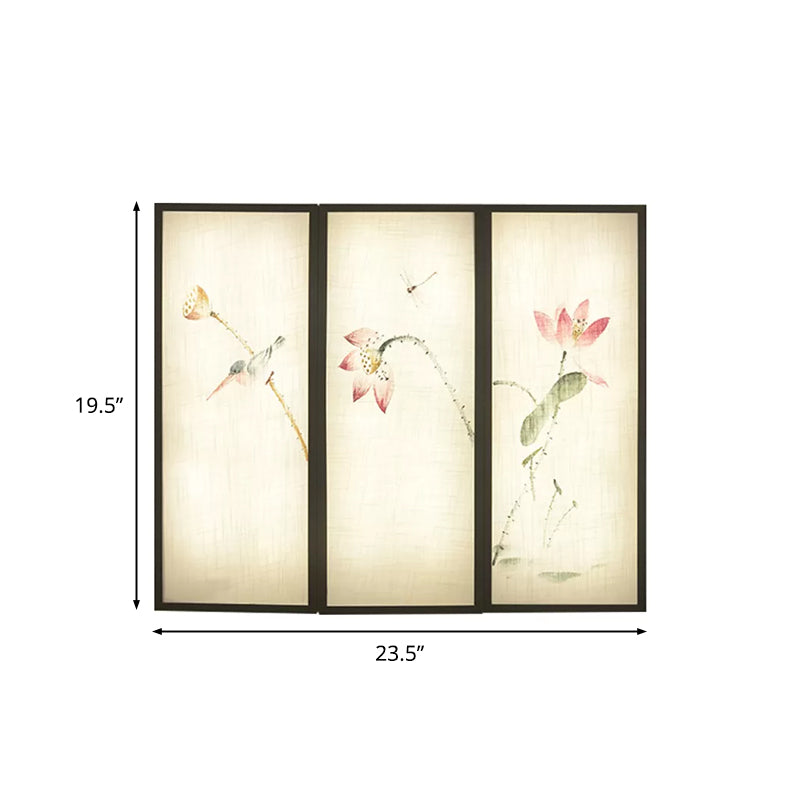 Black Panel Rectangular Mural Lamp Asia LED Fabric Wall Mount Lamp with Lotus Pattern