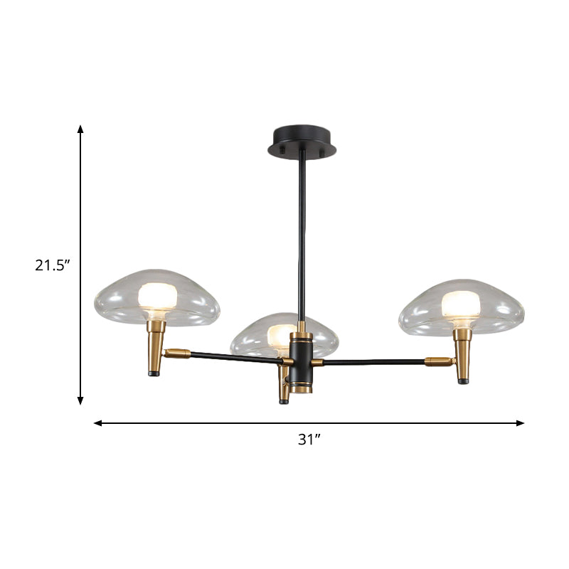 Tombra de champiñones de araña negra contemporánea 3 bombillas Luz de colgante de vidrio transparente para dormitorio