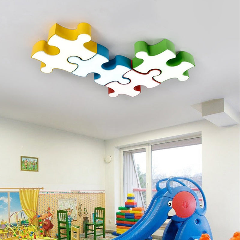 Jigsaw Puzzles Ceiling Flush Light Kids Style Acrylic Red/Yellow LED Flushmount in White/3 Color Light