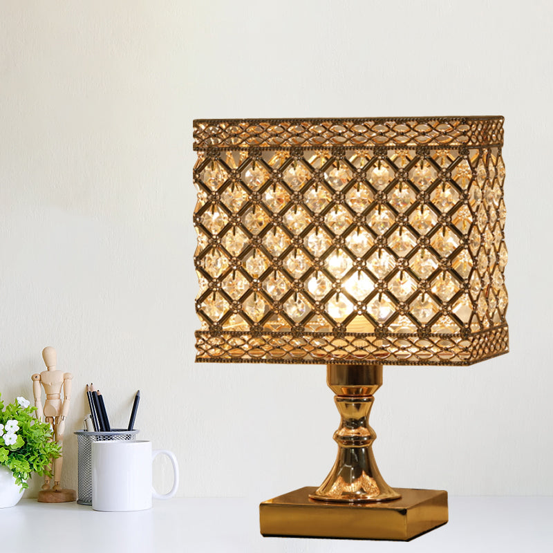 Gold Geometry Reading Light with Grid/Dot Design Modernist 1-Light Crystal Encrusted Nightstand Lamp for Bedside