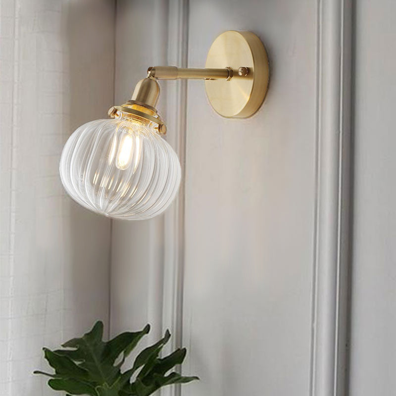 Single Head Pumpkin Wall Lamp Traditional Gold Clear Fluted Glass Adjustable Wall Mounted Light