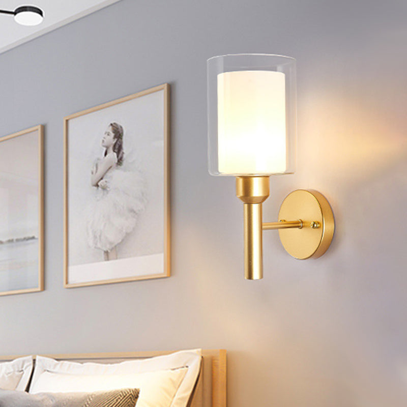 Retro Style Dual Cylinder Wall Light 1 Head Clear and White Glass Wall Sconce Lighting in Gold