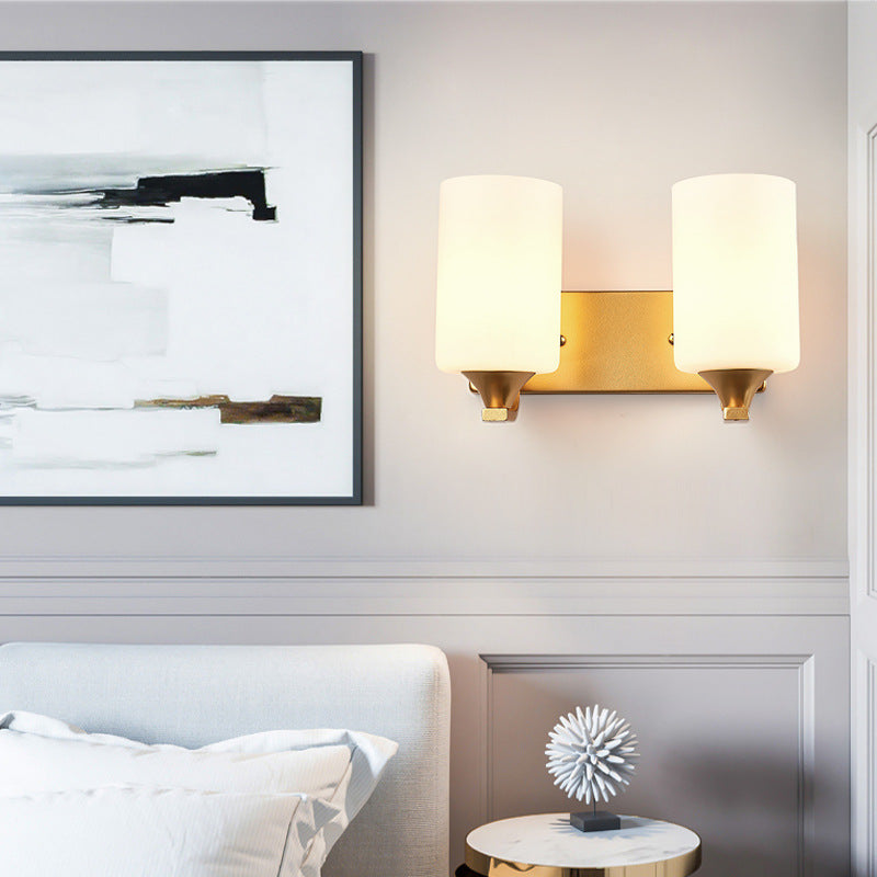 2-Bulb Wall Mount Lamp Traditional Cylindrical Milky Glass Wall Lighting Fixture in Gold