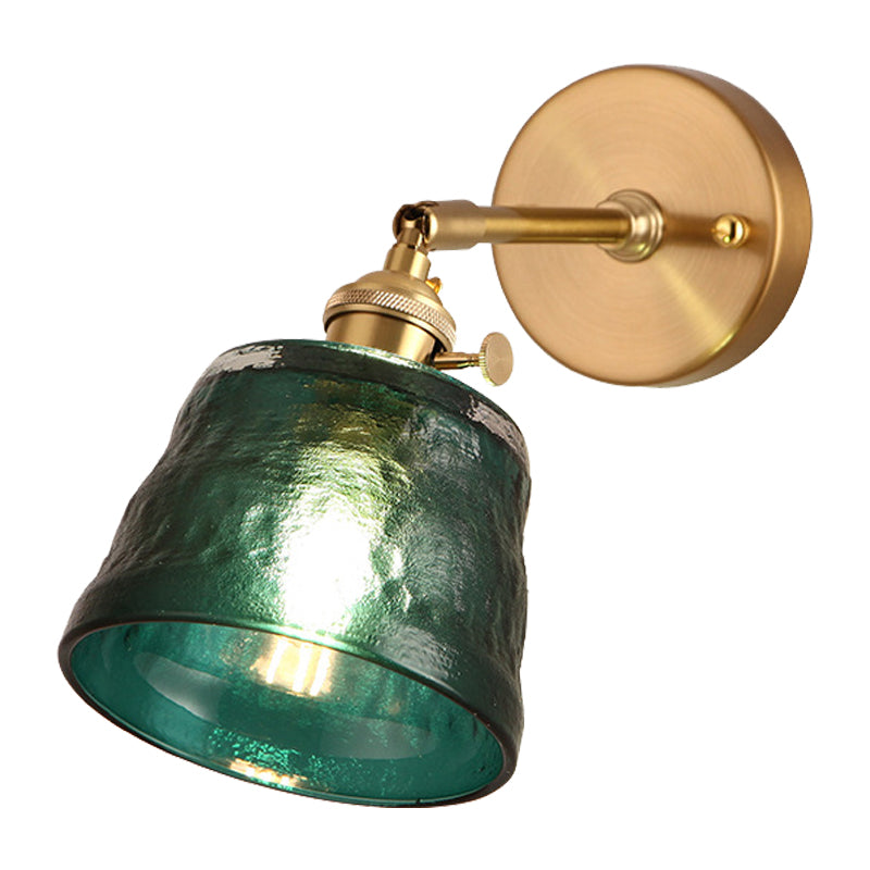 Brass Single Bulb Wall Sconce Antiqued Green Dimpled Glass Conical Adjustable Wall Lighting
