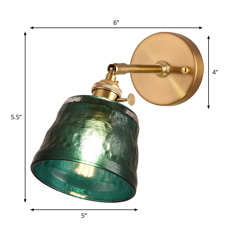 Brass Single Bulb Wall Sconce Antiqued Green Dimpled Glass Conical Adjustable Wall Lighting