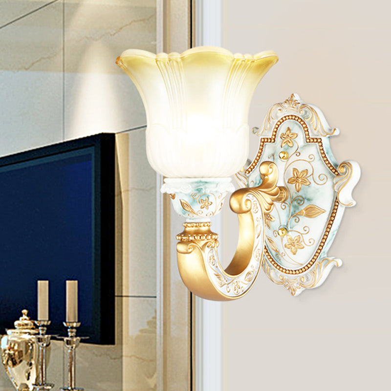 Gold Single Light Wall Lamp Rural Style Opaline Glass Floral Wall Mounted Lighting with Curvy Arm
