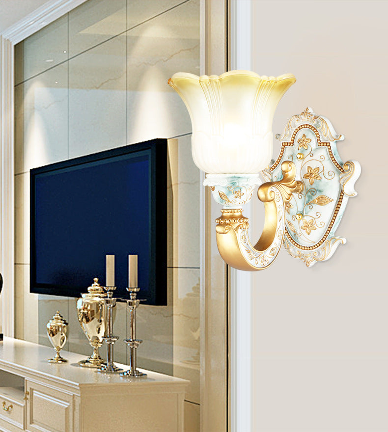Gold Single Light Wall Lamp Rural Style Opaline Glass Floral Wall Mounted Lighting with Curvy Arm