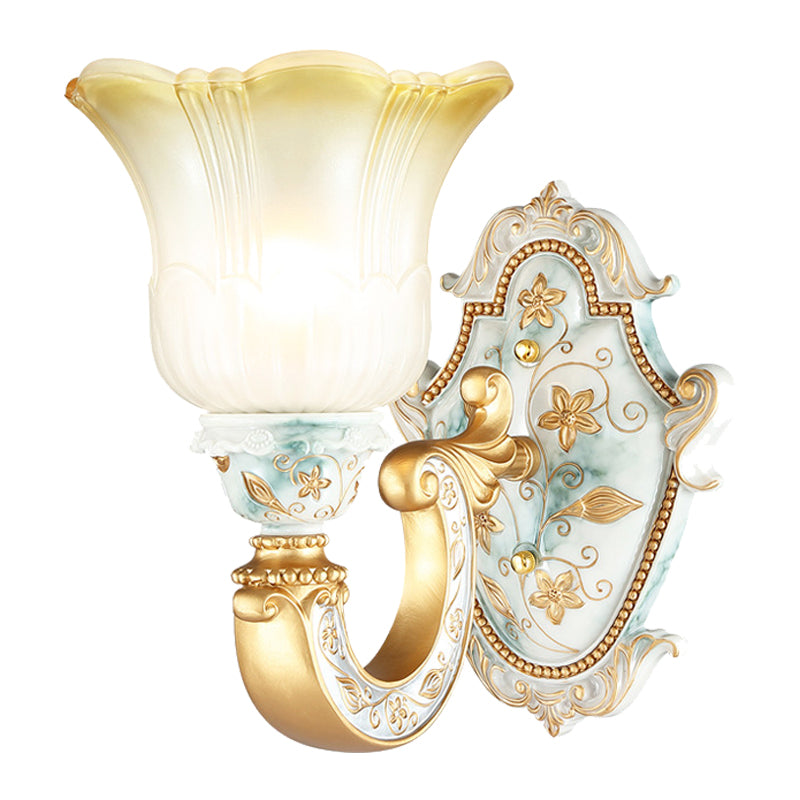 Gold Single Light Wall Lamp Rural Style Opaline Glass Floral Wall Mounted Lighting with Curvy Arm