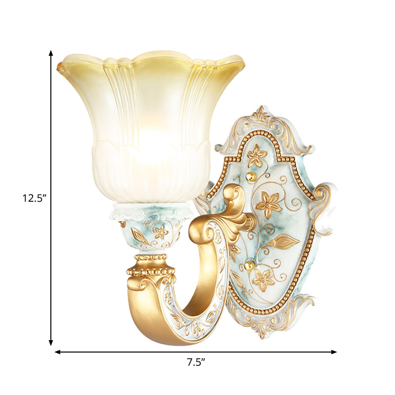 Gold Single Light Wall Lamp Rural Style Opaline Glass Floral Wall Mounted Lighting with Curvy Arm