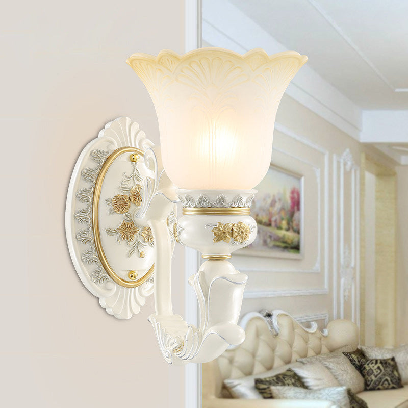 Rustic Blossom Shape Wall Mount Light Single Bulb Frosted Glass Wall Sconce with Carving Design in White