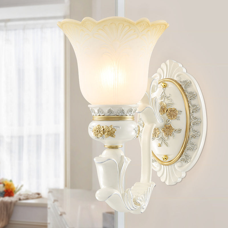Rustic Blossom Shape Wall Mount Light Single Bulb Frosted Glass Wall Sconce with Carving Design in White