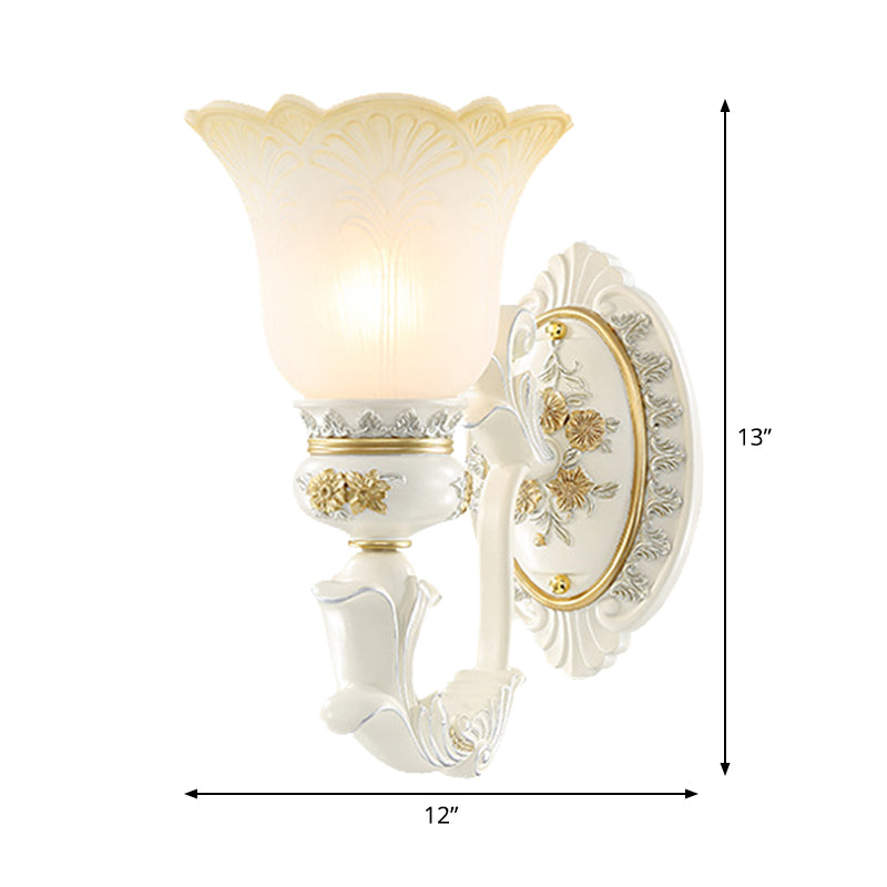 Rustic Blossom Shape Wall Mount Light Single Bulb Frosted Glass Wall Sconce with Carving Design in White