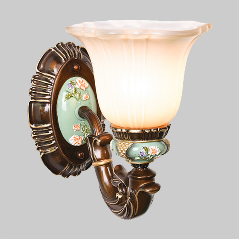 Frosted Glass Brown Wall Light Ridged Bell 1/2-Bulb Rural Wall Sconce Lighting for Guest Room