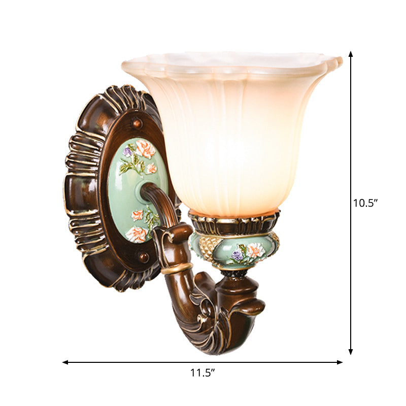 Frosted Glass Brown Wall Light Ridged Bell 1/2-Bulb Rural Wall Sconce Lighting for Guest Room