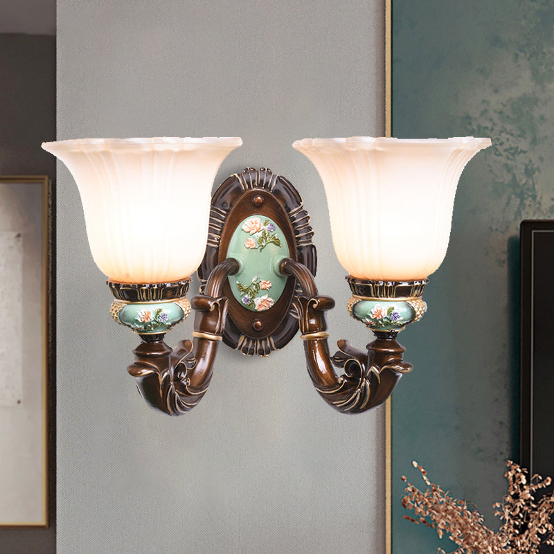 Frosted Glass Brown Wall Light Ridged Bell 1/2-Bulb Rural Wall Sconce Lighting for Guest Room