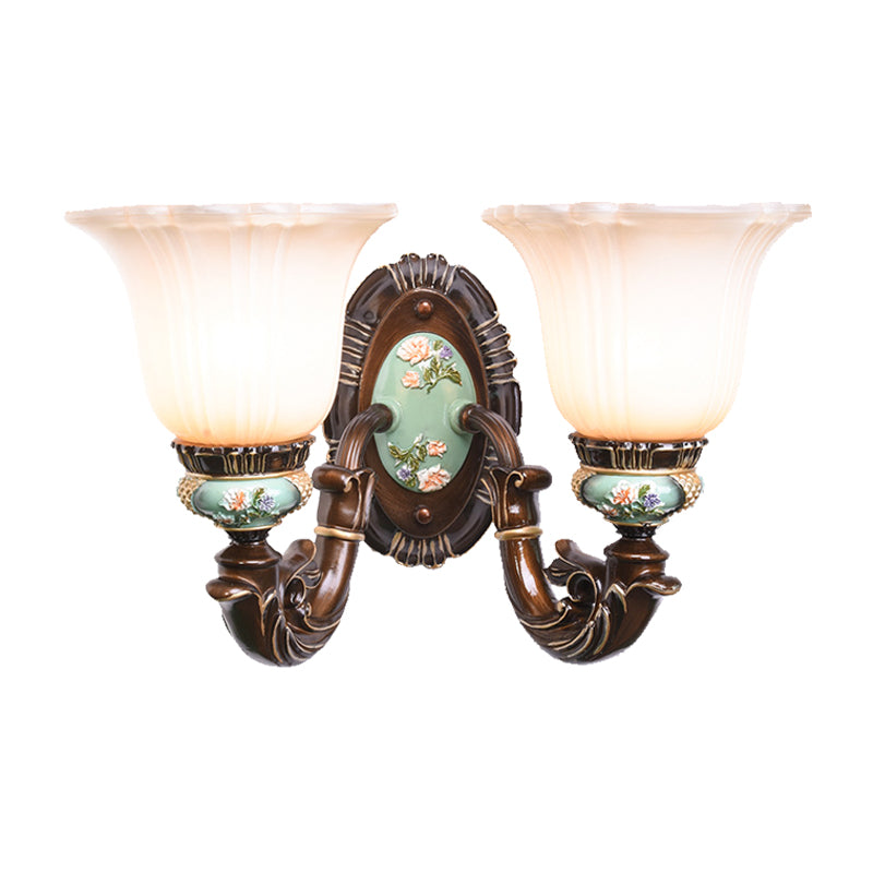 Frosted Glass Brown Wall Light Ridged Bell 1/2-Bulb Rural Wall Sconce Lighting for Guest Room