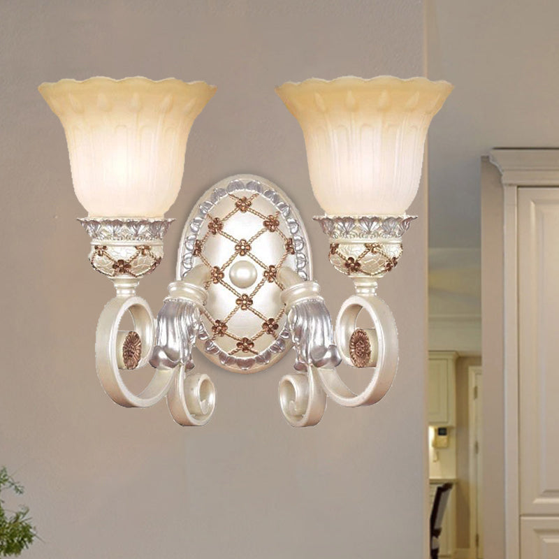 French Country Blossom Wall Sconce 1/2-Light Opaline Glass Wall Lighting Idea with Swirl Arm in Gold