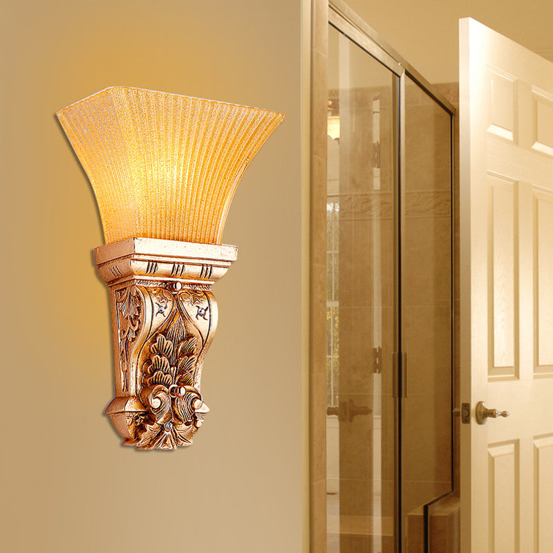 Gold 1-Head Wall Mount Lamp Loft Style Amber Fluted Glass Trapezoid Wall Lighting Fixture