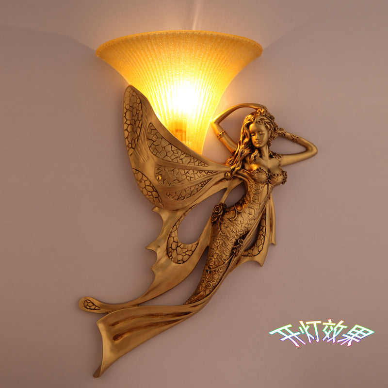 Resin Gold Wall Sconce Mermaid 1-Light Rustic Style Wall Mounted Lamp with Cone Ribbed Glass Shade