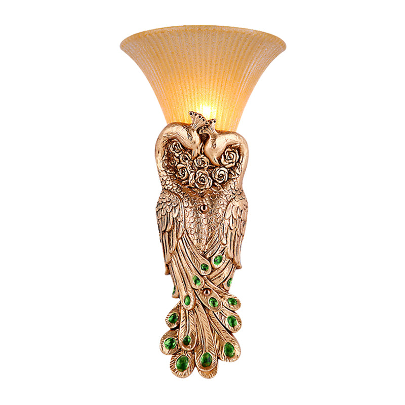 Single Head Wall Sconce Countryside Inverted Cone Amber Fluted Glass Wall Mounted Lamp with Peacock Decor in Gold