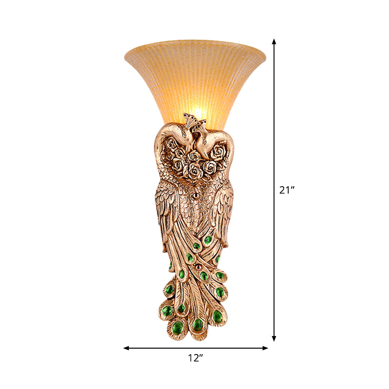 Single Head Wall Sconce Countryside Inverted Cone Amber Fluted Glass Wall Mounted Lamp with Peacock Decor in Gold