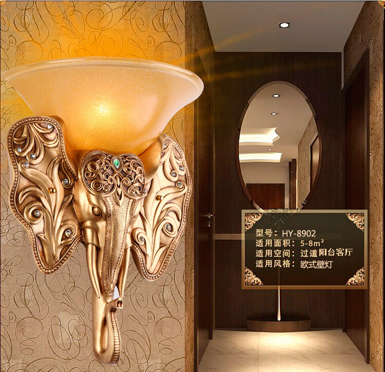 Gold Single Light Wall Lamp Warehouse Amber Glass Wide Bell Wall Lighting Fixture with Elephant Head Design