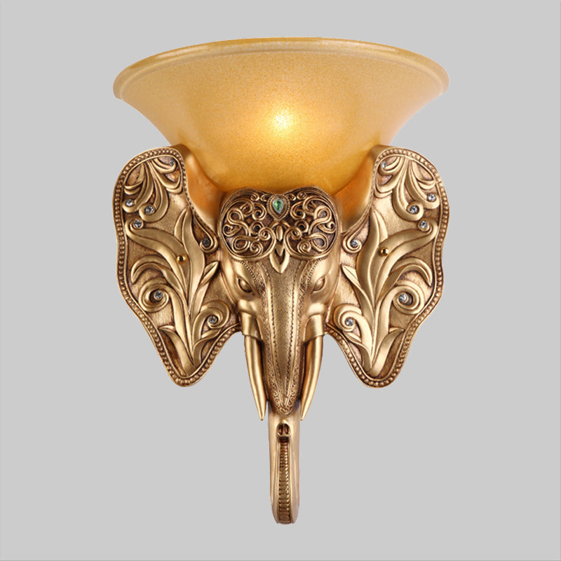 Gold Single Light Wall Lamp Warehouse Amber Glass Wide Bell Wall Lighting Fixture with Elephant Head Design