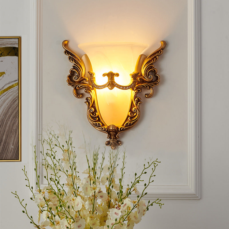 Opal Glass Gold Wall Sconce Elongated Bell 1-Bulb Cottage Wall Mounted Lighting for Living Room