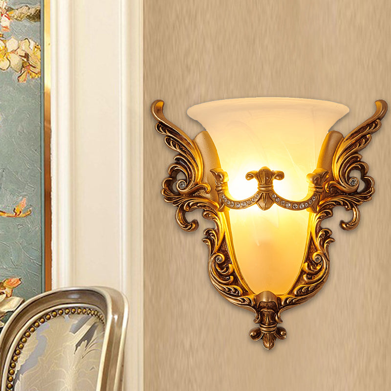 Opal Glass Gold Wall Sconce Elongated Bell 1-Bulb Cottage Wall Mounted Lighting for Living Room