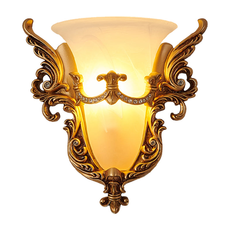 Opal Glass Gold Wall Sconce Elongated Bell 1-Bulb Cottage Wall Mounted Lighting for Living Room