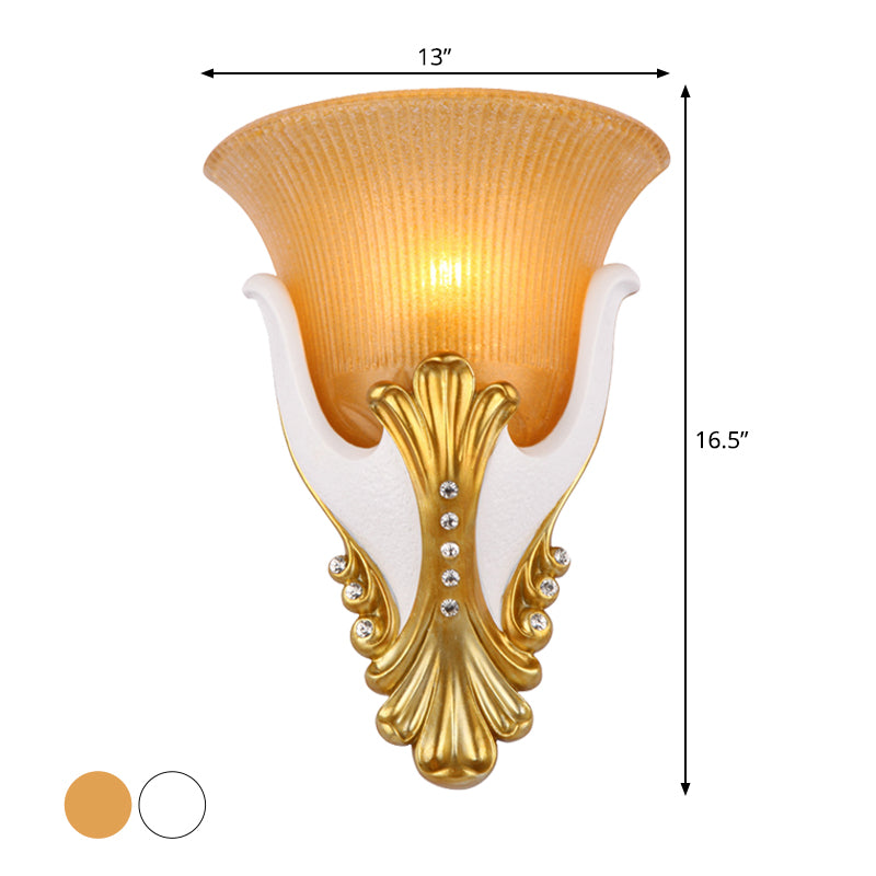 1 Light Wall Sconce Lighting Rural Bell Shape Yellow/White Fluted Glass Wall Mounted Lamp for Bedroom, 9.5"/13" Width