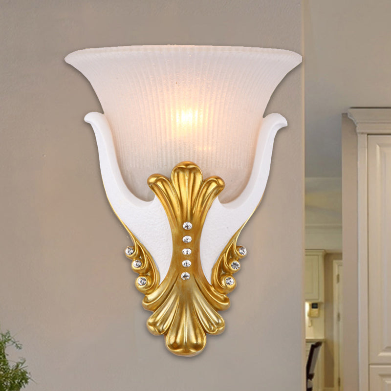 1 Light Wall Sconce Lighting Rural Bell Shape Yellow/White Fluted Glass Wall Mounted Lamp for Bedroom, 9.5"/13" Width