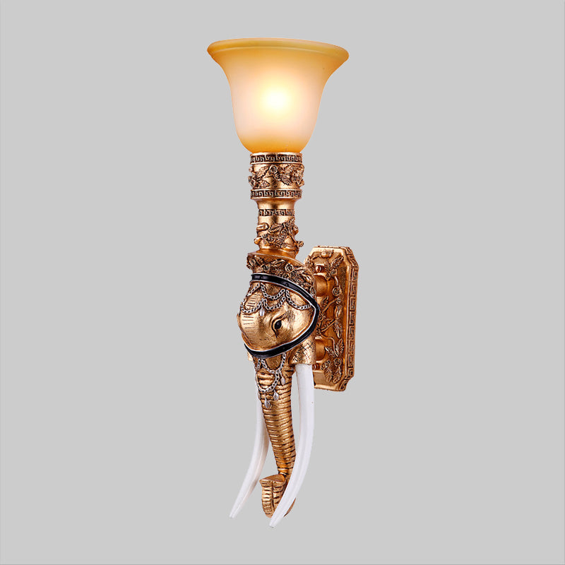 Gold 1 Bulbe Light Light Traditional Resin Elephant Head Murd Murd Murd With Bell Grosted Glass Shade
