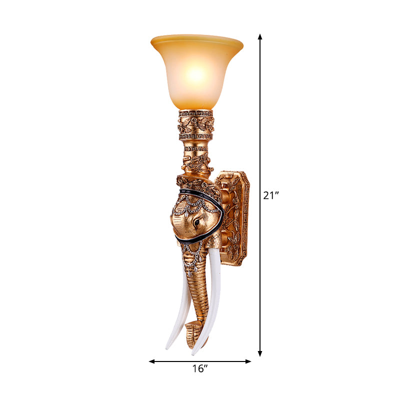 Gold 1 Bulbe Light Light Traditional Resin Elephant Head Murd Murd Murd With Bell Grosted Glass Shade
