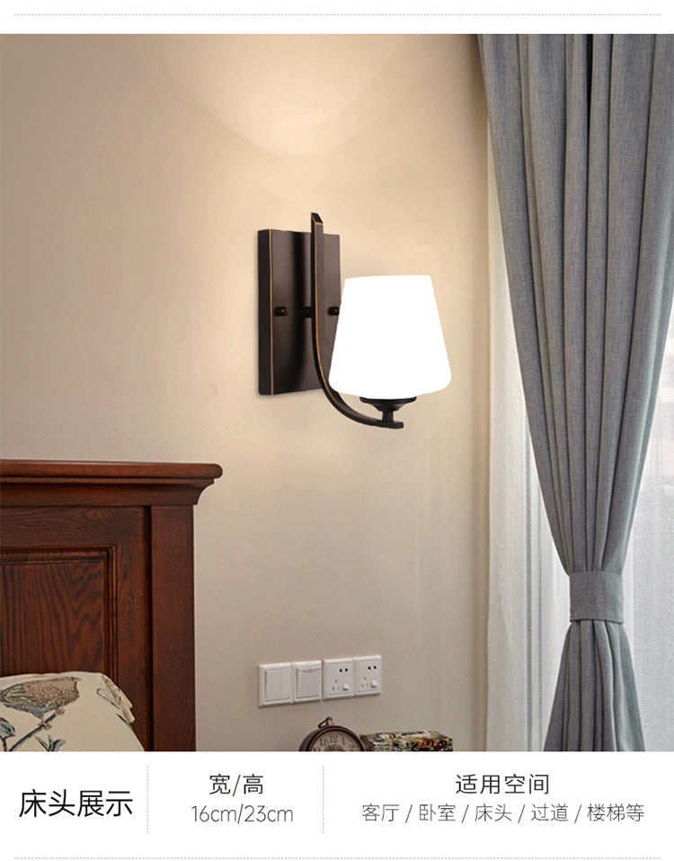 White Glass Black Sconce Lamp Cup-Like Single Bulb Retro Style Wall Mounted Lighting with Rectangle Metal Backplate