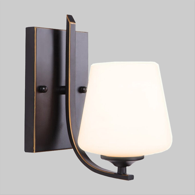 White Glass Black Sconce Lamp Cup-Like Single Bulb Retro Style Wall Mounted Lighting with Rectangle Metal Backplate