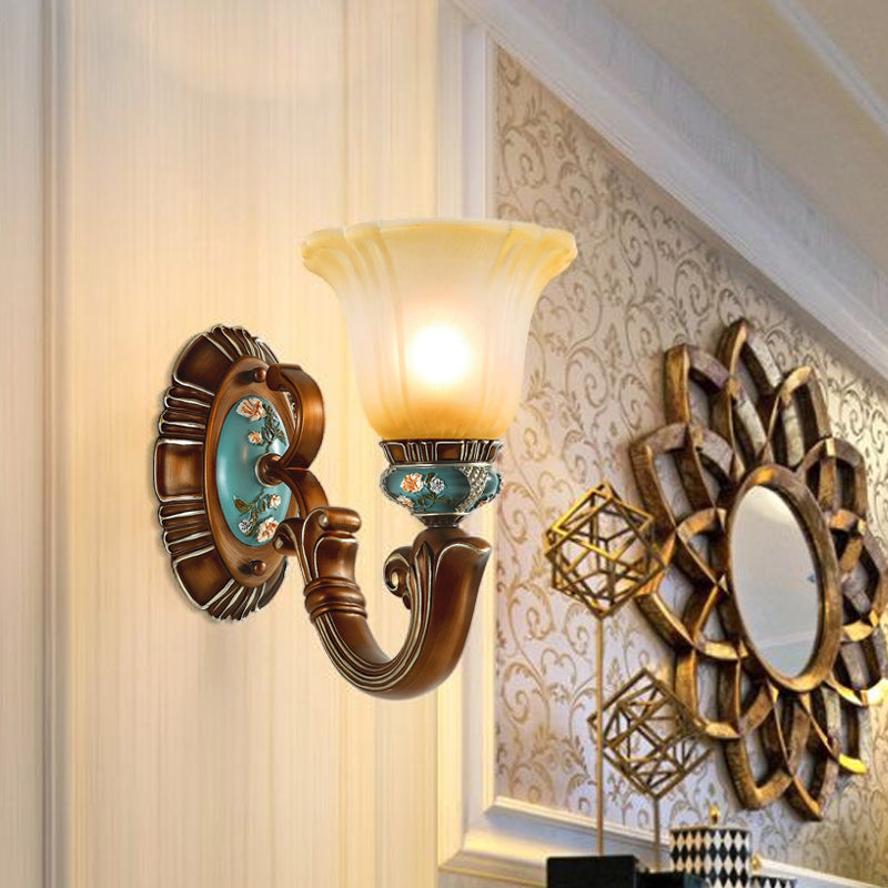 Brown 1-Head Wall Mounted Light Farmhouse Opaline Glass Blossom Etching Pattern Wall Sconce Lighting