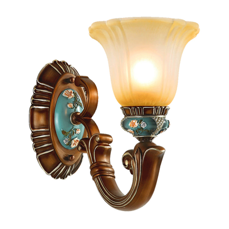Brown 1-Head Wall Mounted Light Farmhouse Opaline Glass Blossom Etching Pattern Wall Sconce Lighting