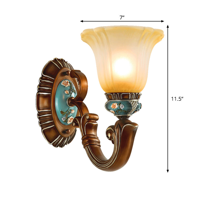 Brown 1-Head Wall Mounted Light Farmhouse Opaline Glass Blossom Etching Pattern Wall Sconce Lighting