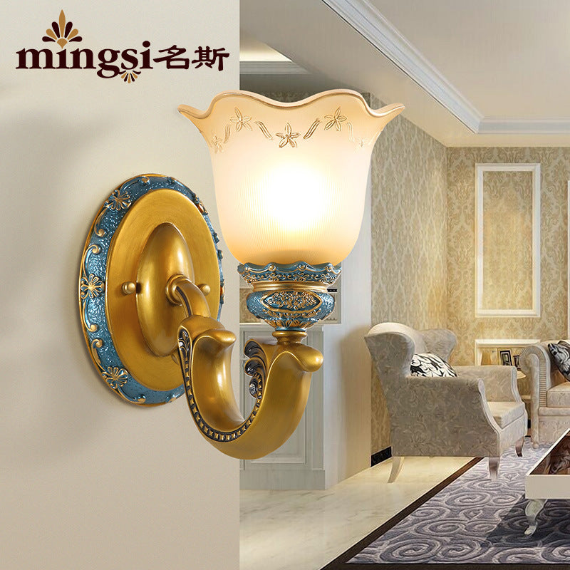 Frosted Glass Gold Wall Lamp Printed Flower 1-Bulb Warehouse Wall Mounted Lighting for Corridor