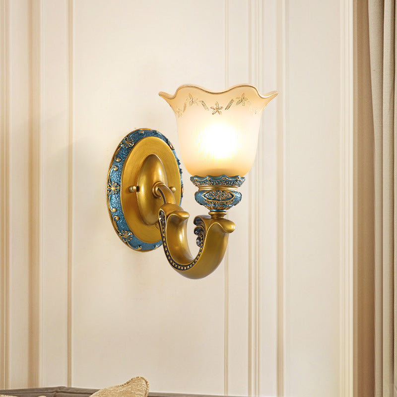 Frosted Glass Gold Wall Lamp Printed Flower 1-Bulb Warehouse Wall Mounted Lighting for Corridor