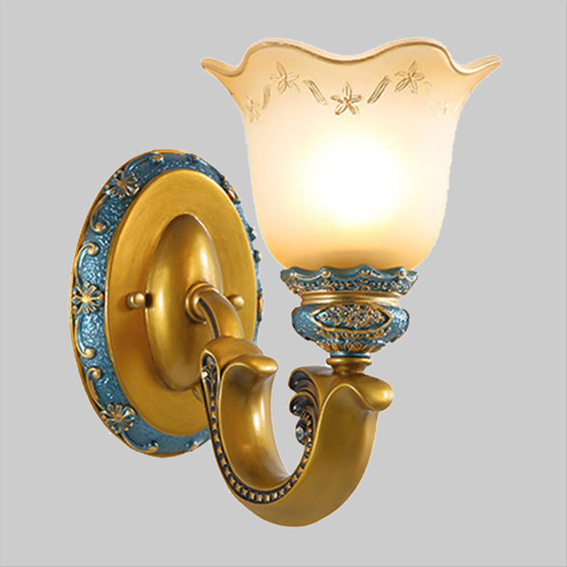 Frosted Glass Gold Wall Lamp Printed Flower 1-Bulb Warehouse Wall Mounted Lighting for Corridor