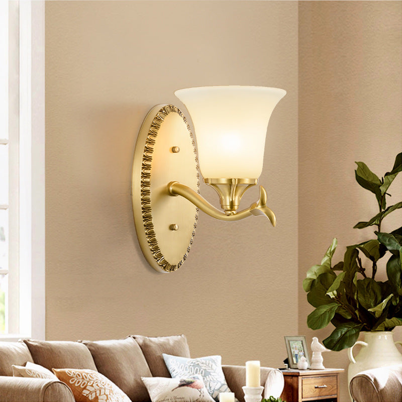 Countryside Bell Wall Lighting 1/2-Light Cream Glass Wall Mounted Lamp with Oval Backplate in Brass