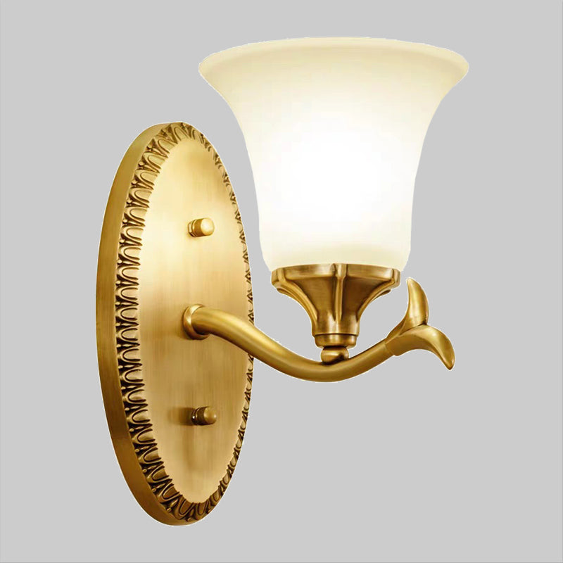 Countryside Bell Wall Lighting 1/2-Light Cream Glass Wall Mounted Lamp with Oval Backplate in Brass