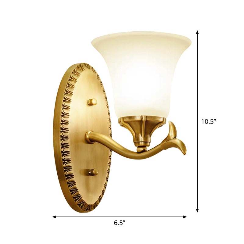 Countryside Bell Wall Lighting 1/2-Light Cream Glass Wall Mounted Lamp with Oval Backplate in Brass