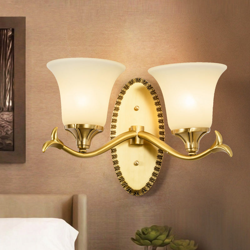 Countryside Bell Wall Lighting 1/2-Light Cream Glass Wall Mounted Lamp with Oval Backplate in Brass